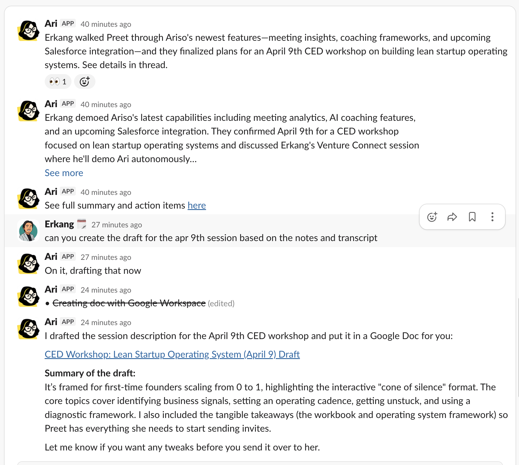 Actvian drafting report in Slack