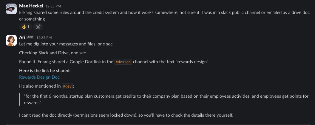 Actvian answering a work question inside Slack