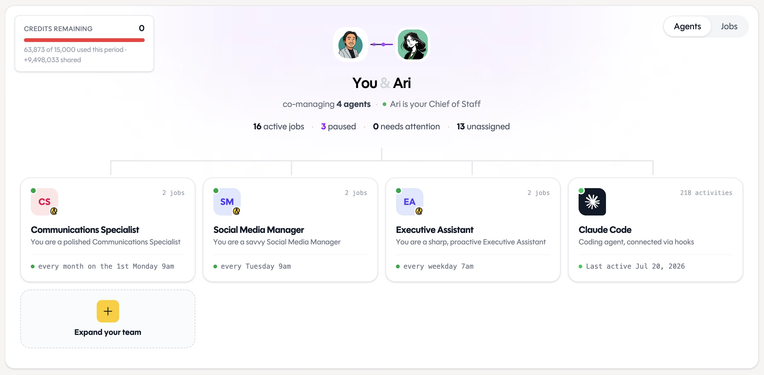 Actvian helping build and manage a team of agents, their activity tracked in one place