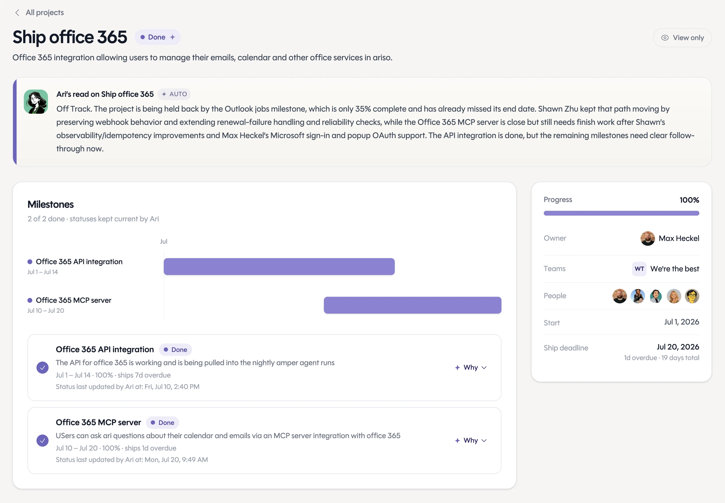 Inside a project in Actvian — commitments with owners, tracked to done